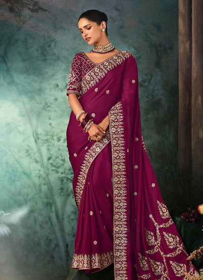 Deep Wine Handwork Embroidery Bridal Saree