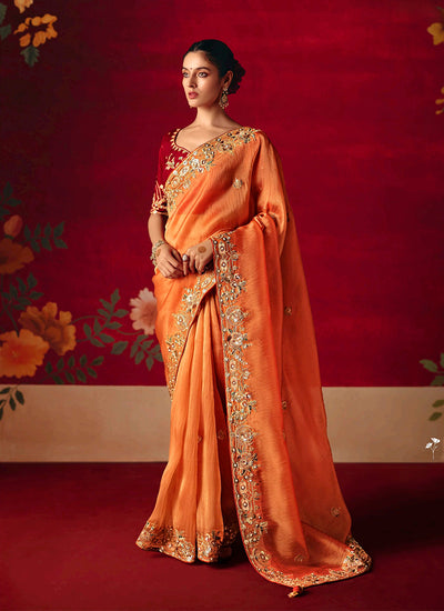 Orange Embroidered Saree with Red Blouse