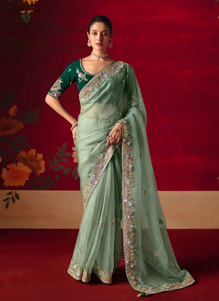 Mint Green Embroidered Saree