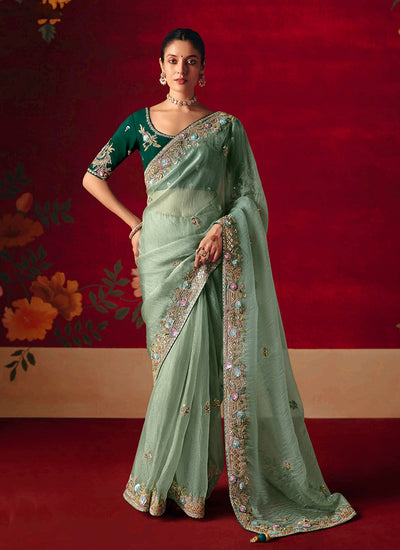 Mint Green Embroidered Saree