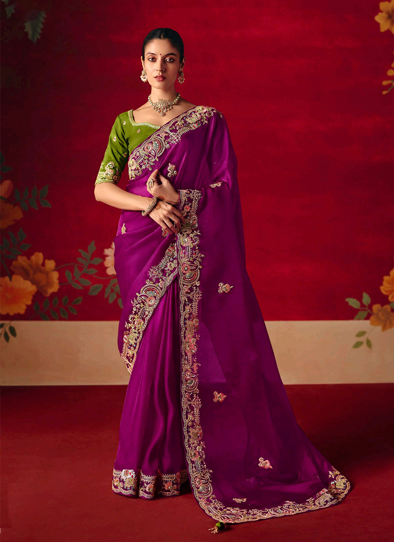Wine Embroidered Saree with Green Blouse