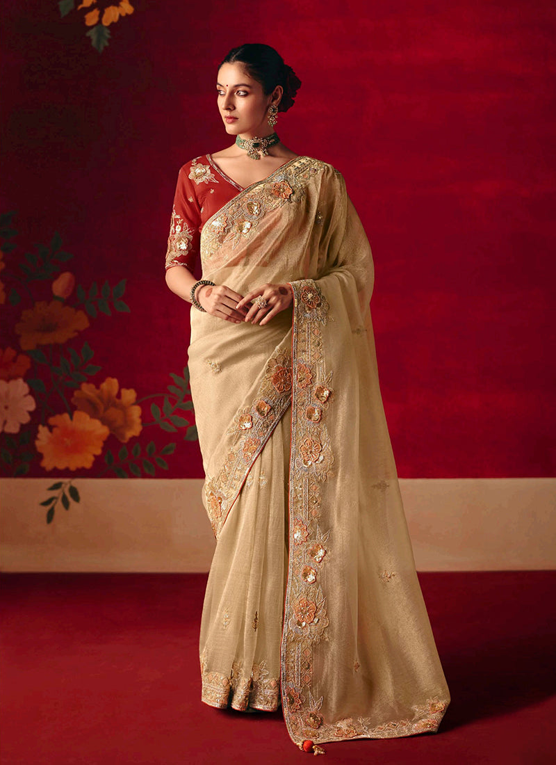 Golden Beige Embroidered Saree with Red Blouse