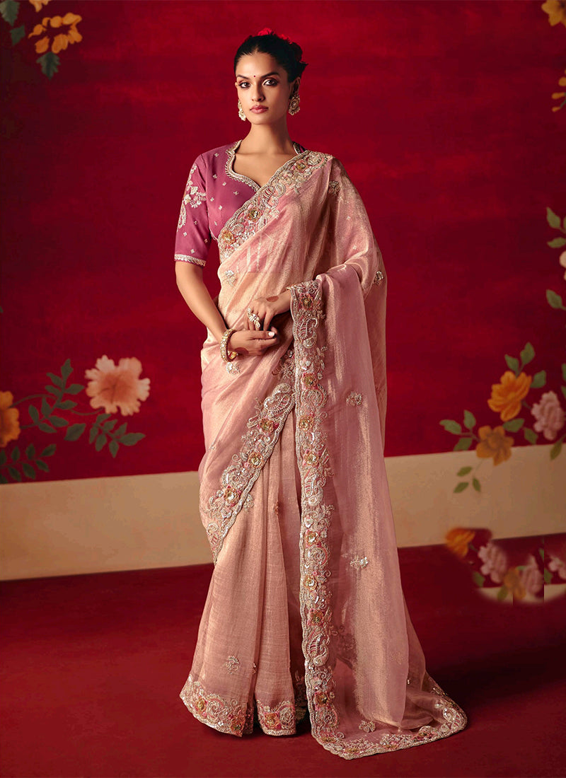 Peach Embroidered Saree with Pink Blouse