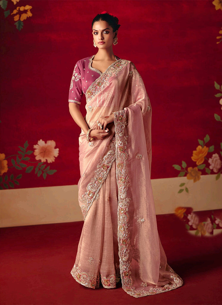 Peach Embroidered Saree with Pink Blouse