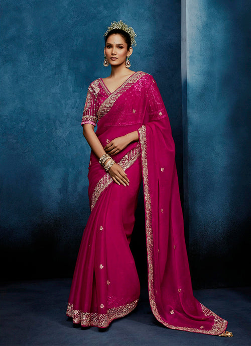 Rani Pink Handwork Embroidery Tissue Silk Saree