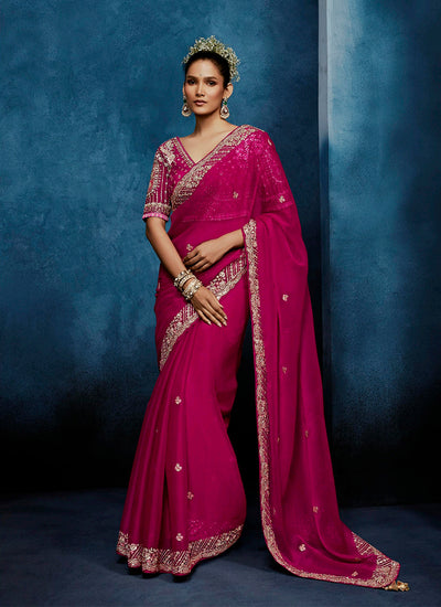 Rani Pink Handwork Embroidery Tissue Silk Saree