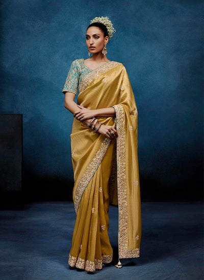 Golden Yellow Handwork Embroidery Tissue Silk Saree