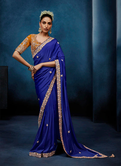 Royal Blue Handwork Embroidery Tissue Silk Saree