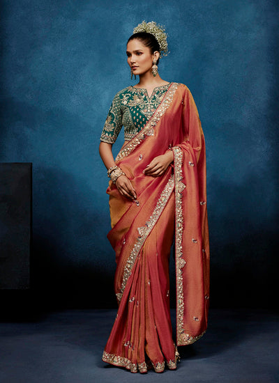 Coral Peach Handwork Embroidery Tissue Silk Saree