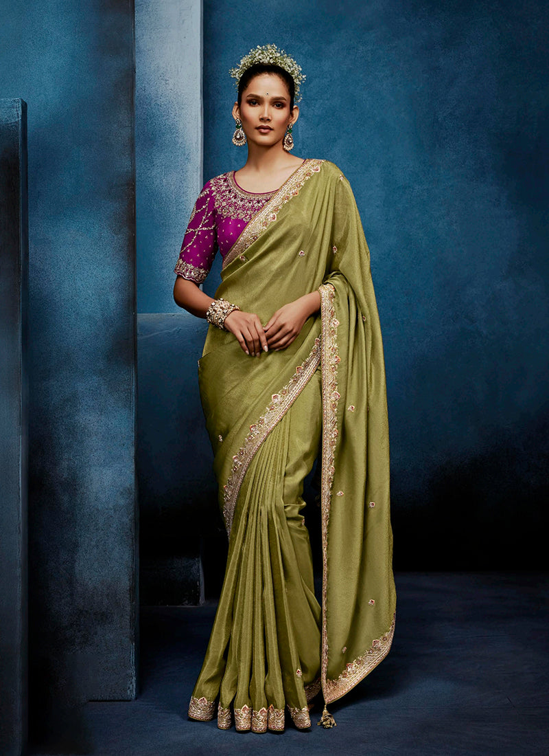 Green Handwork Embroidery Tissue Silk Saree