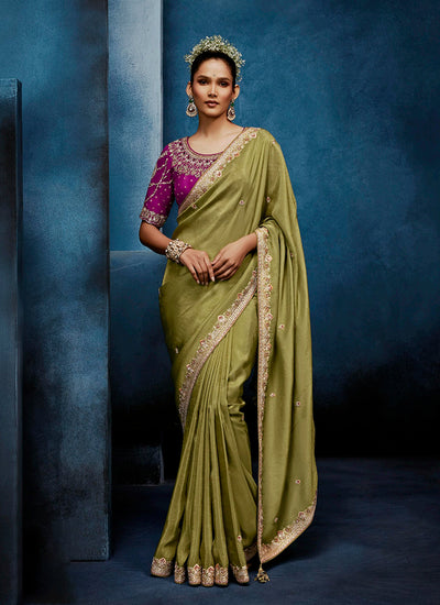 Green Handwork Embroidery Tissue Silk Saree