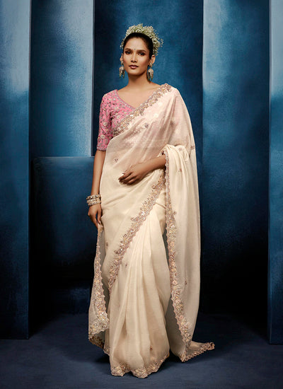 Ivory Cream Handwork Embroidery Tissue Silk Saree