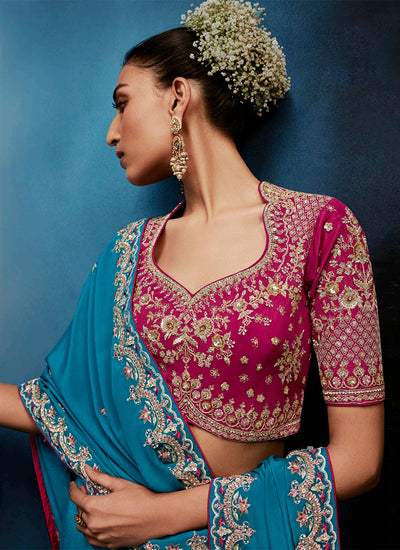 Turquoise Blue Handwork Embroidery Tissue Silk Saree