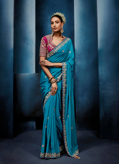 Turquoise Blue Handwork Embroidery Tissue Silk Saree