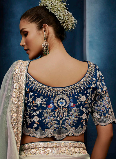 Pearl Grey Handwork Embroidery Tissue Silk Saree