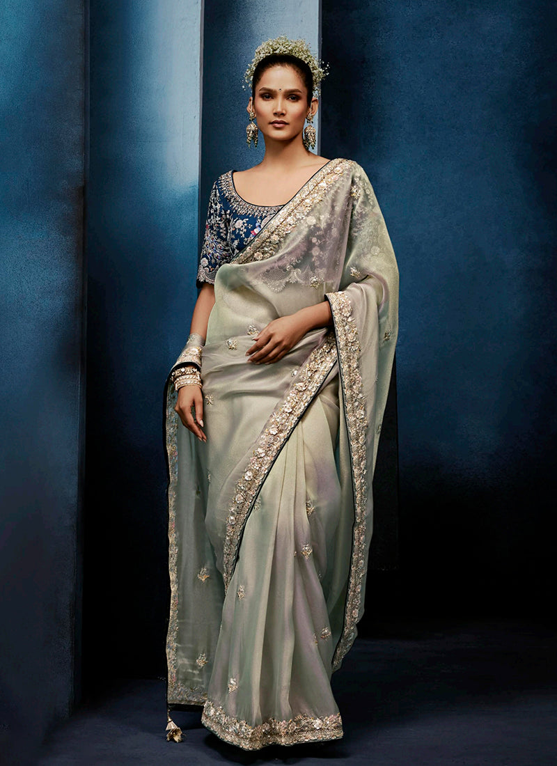 Pearl Grey Handwork Embroidery Tissue Silk Saree