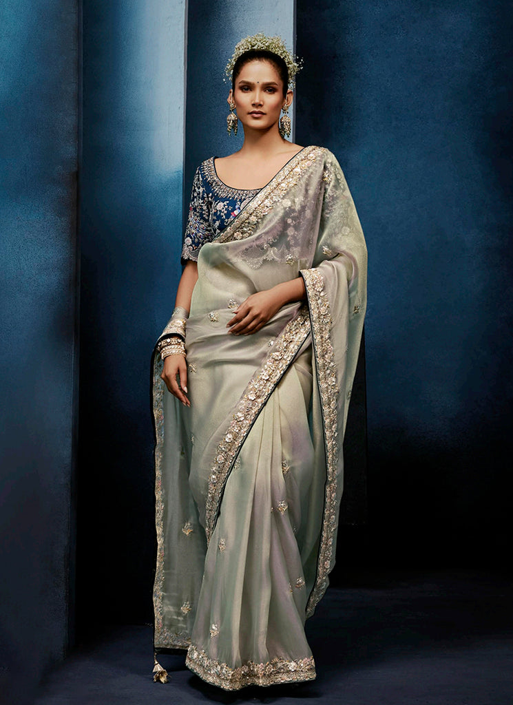 Pearl Grey Handwork Embroidery Tissue Silk Saree