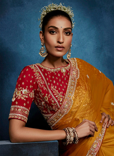 Mustard Yellow Handwork Embroidery Tissue Silk Saree