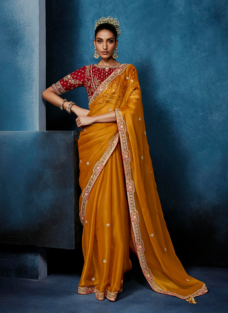 Mustard Yellow Handwork Embroidery Tissue Silk Saree