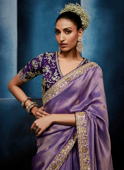 Lavender Handwork Embroidery Tissue Silk Saree
