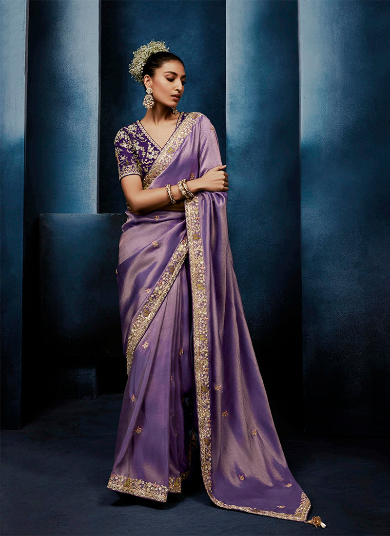 Lavender Handwork Embroidery Tissue Silk Saree