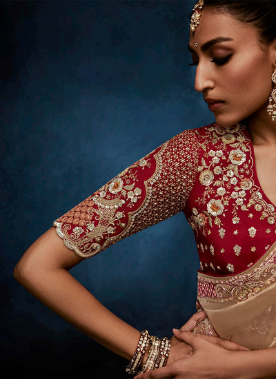 Beige Gold Handwork Embroidery Tissue Silk Saree