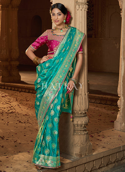 Turquoise And Pink Embroidered Wedding Silk Saree