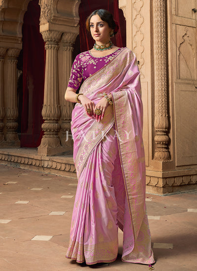 Pink And Magenta Embroidered Wedding Silk Saree