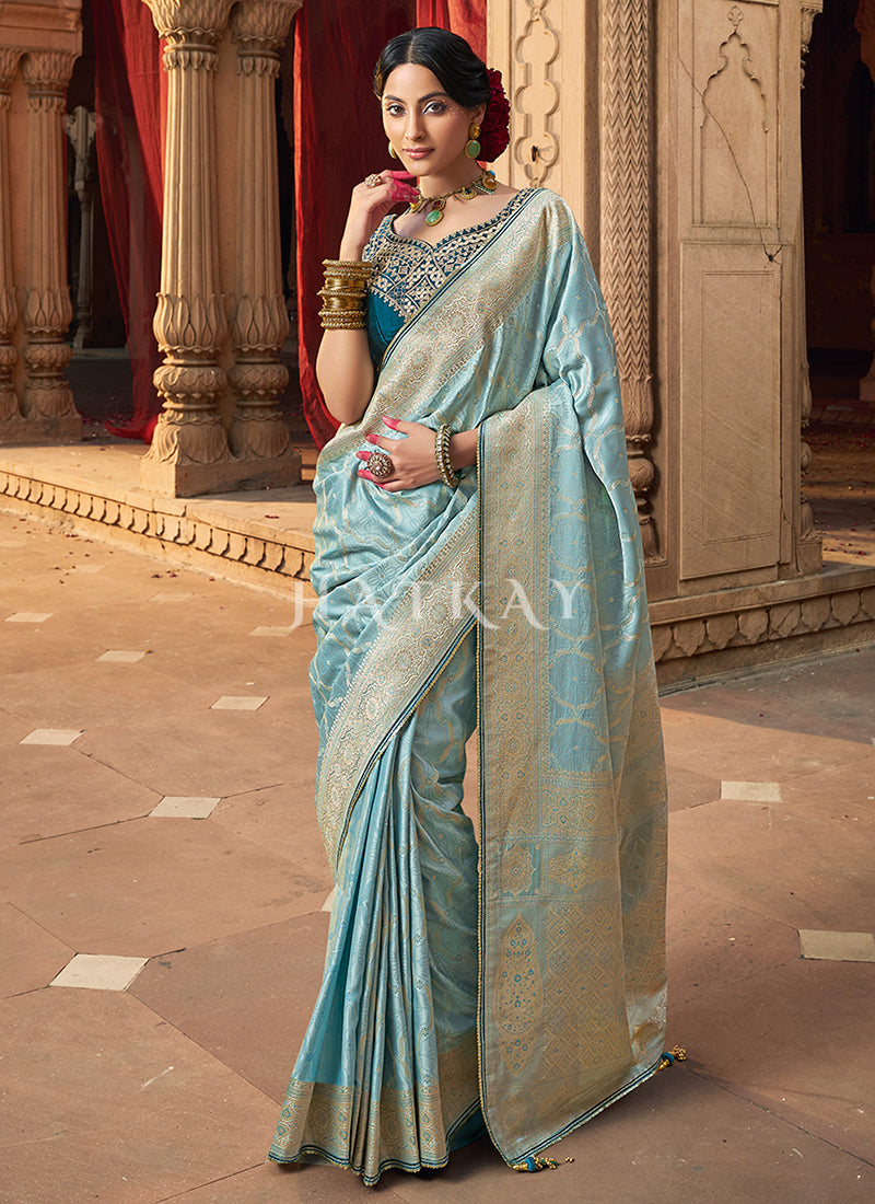 Sky Blue Embroidered Wedding Silk Saree