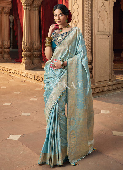 Sky Blue Embroidered Wedding Silk Saree