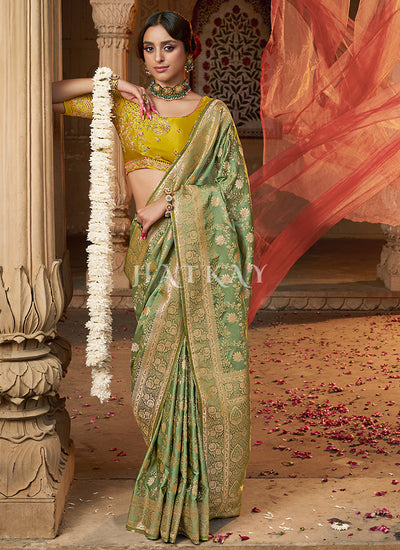 Green And Yellow Embroidered Wedding Silk Saree