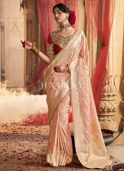 Peach And Red Embroidered Wedding Silk Saree