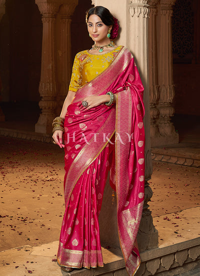 Rani Pink And Yellow Embroidered Wedding Silk Saree