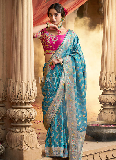 Blue And Pink Embroidered Wedding Silk Saree