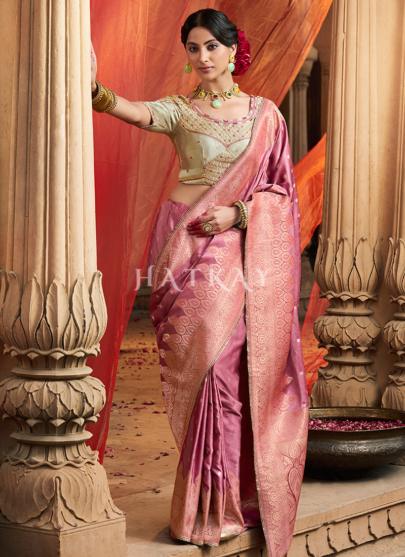 Pink And Beige Embroidered Wedding Silk Saree