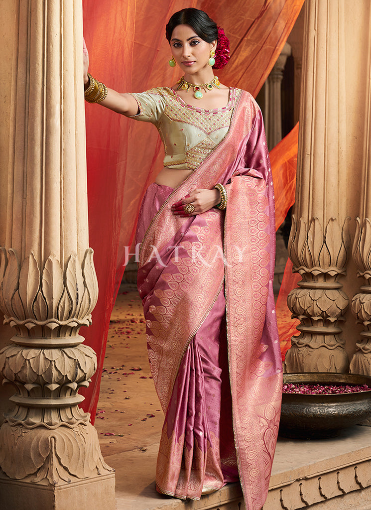 Pink And Beige Embroidered Wedding Silk Saree