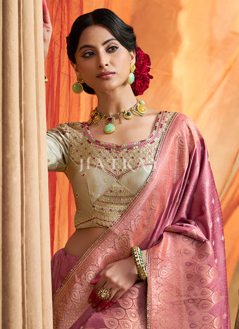 Pink And Beige Embroidered Wedding Silk Saree
