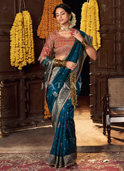 Blue And Red Embroidered Silk Saree