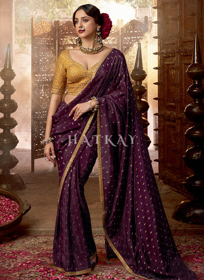 Purple And Yellow Embroidered Viscose Saree