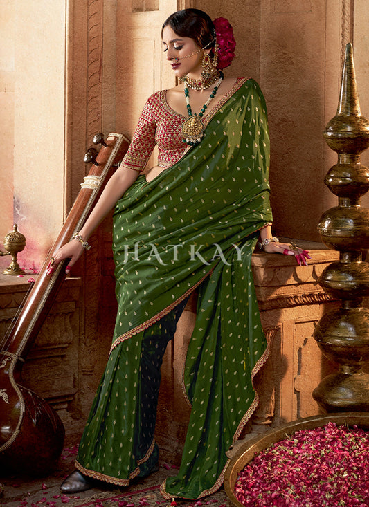 Green And Red Embroidered Viscose Saree