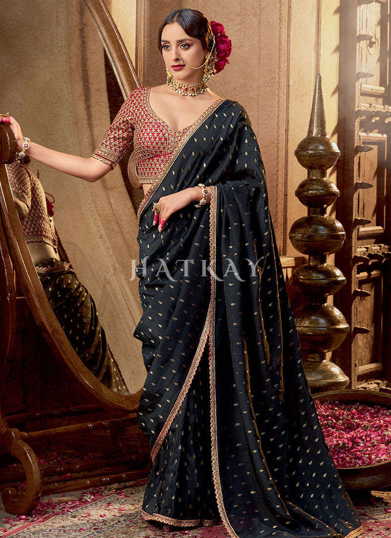 Black And Red Embroidered Viscose Saree