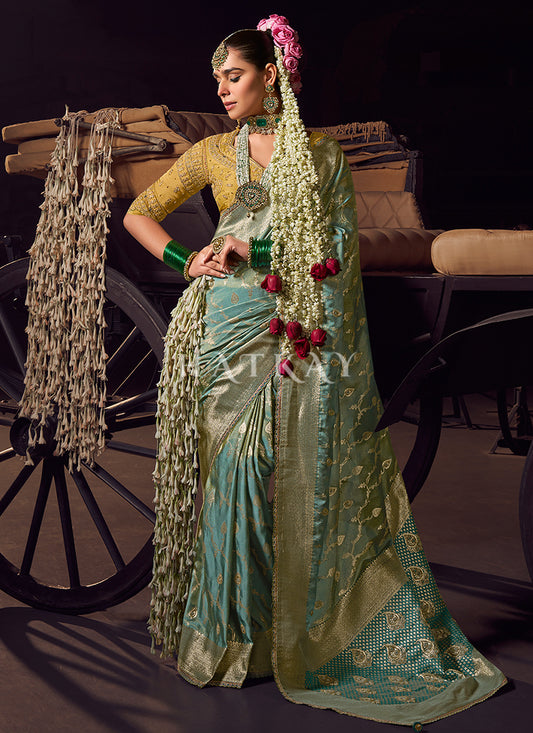 Sky Blue And Yellow Handwork Tissue Silk Saree
