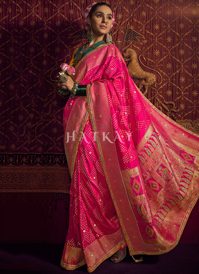 Magenta And Yellow Embroidered Silk Saree