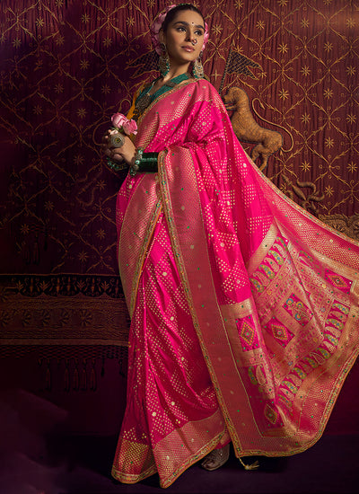 Pink And Green Embroidery Viscose Silk Saree