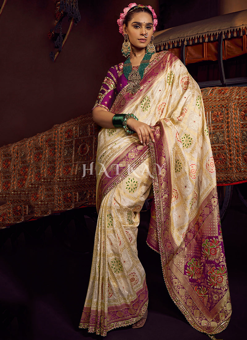 Cream And Purple Embroidered Silk Saree