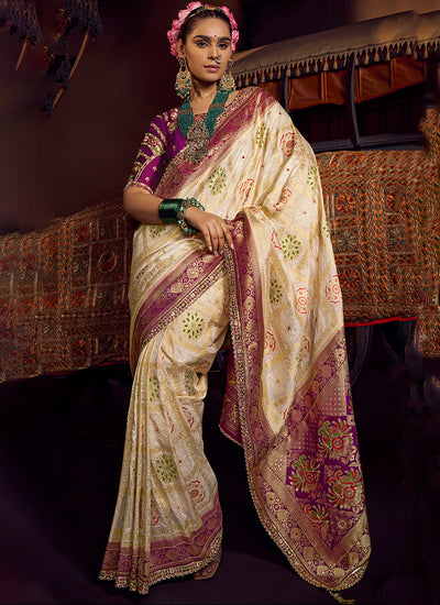 Cream And Purple Embroidery Viscose Silk Saree