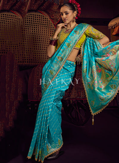 Turquoise And Lime Embroidered Silk Saree