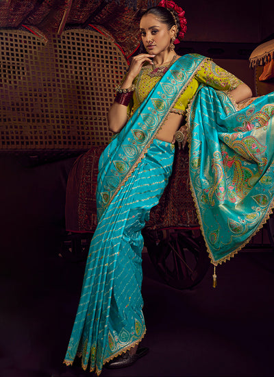 Blue And Green Embroidery Viscose Silk Saree