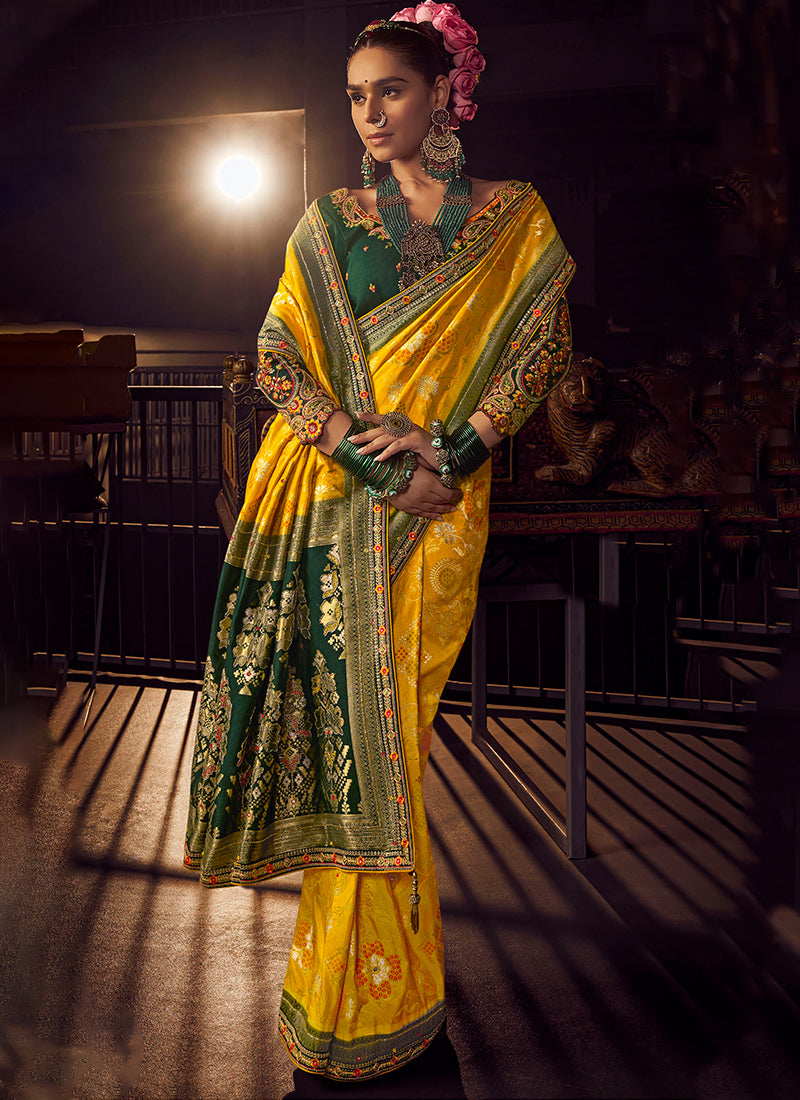 Yellow And Green Embroidery Viscose Silk Saree