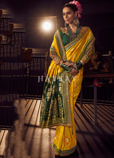 Yellow And Green Embroidered Silk Saree